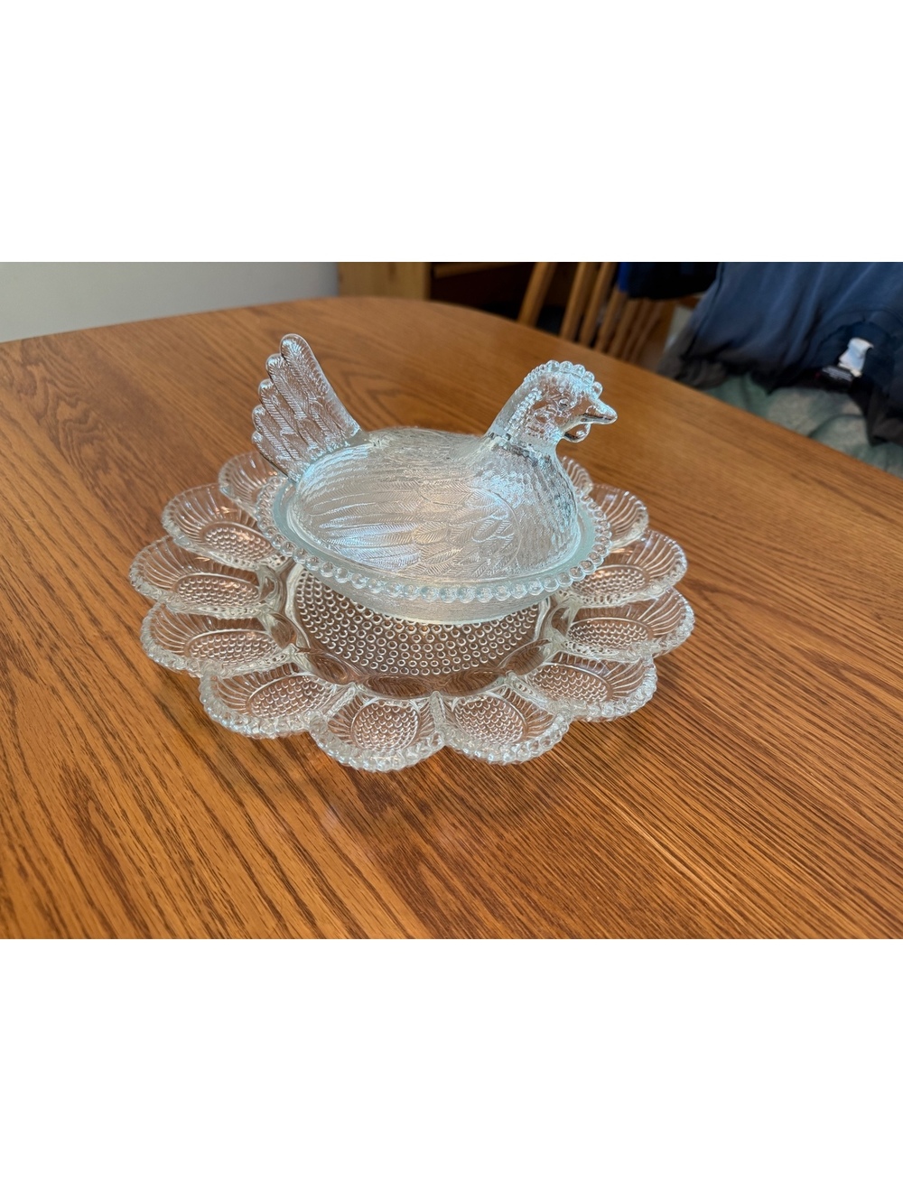 Indiana Glass Hen On Nest w/ Box & Hobnail Deviled Egg Plate Set